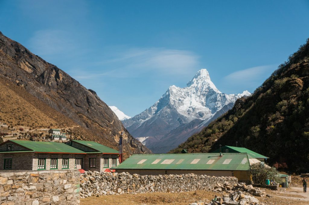 houses in beautiful scenic mountains with cloudy sky, Nepal, Sagarmatha Zone, november 2014